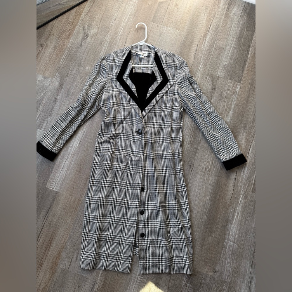 VTG Patty O’Neil Plaid Houndstooth Longline Coat Black White Pattern Size M 6